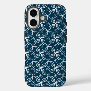 Coque Pour iPhone 16 Bleu blanc Feuille Berries Mistletoe Répétition