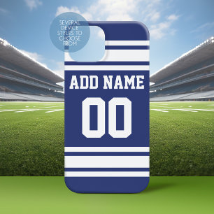 Coque iPhone 15 Mini Bleu blanc jersey rayures avec nom et numéro