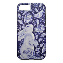 Bleu Blanc Lapin Lapin Oiseaux Floral Chinoiserie