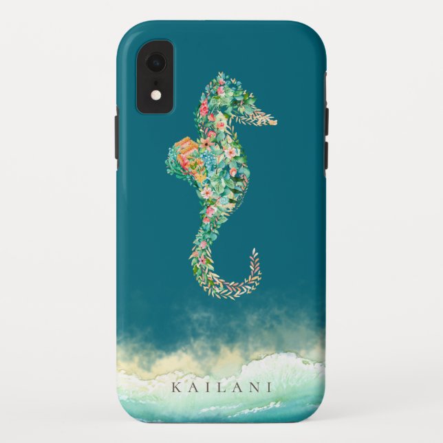 Coques Case-Mate iPhone Bleu botanique d'hippocampe de plage élégante (Dos)