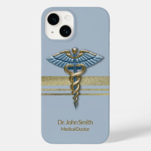 Coque Pour iPhone 14 Bleu clair Médicale Caduceus Faux Gold Foil