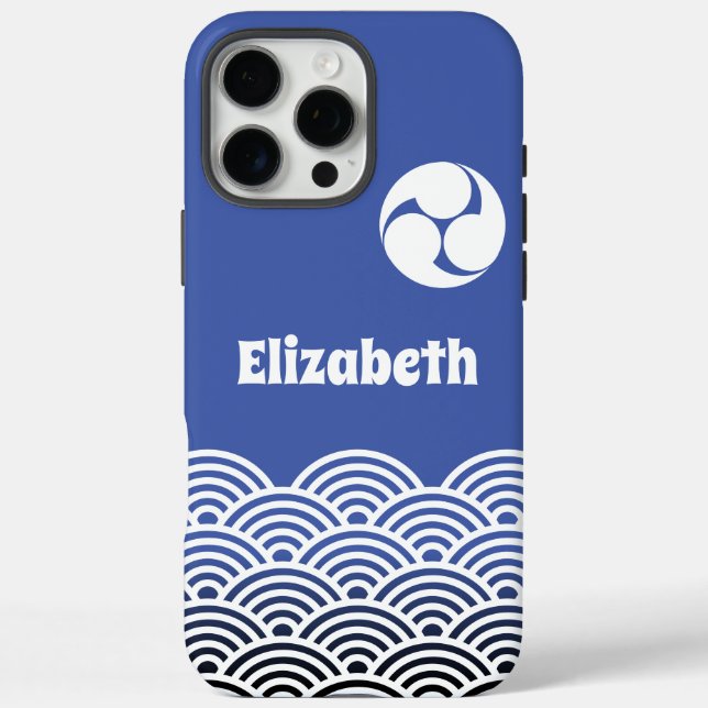 Coques Case-Mate iPhone Bleu classique Motif japonais vague avec votre nom (Verso)