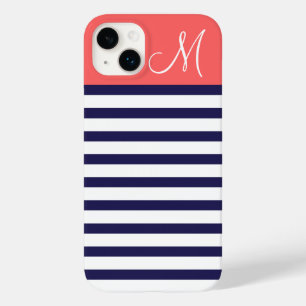 Coque Pour iPhone 14 Plus Bleu de la marine et le corail des bandes de Prepp