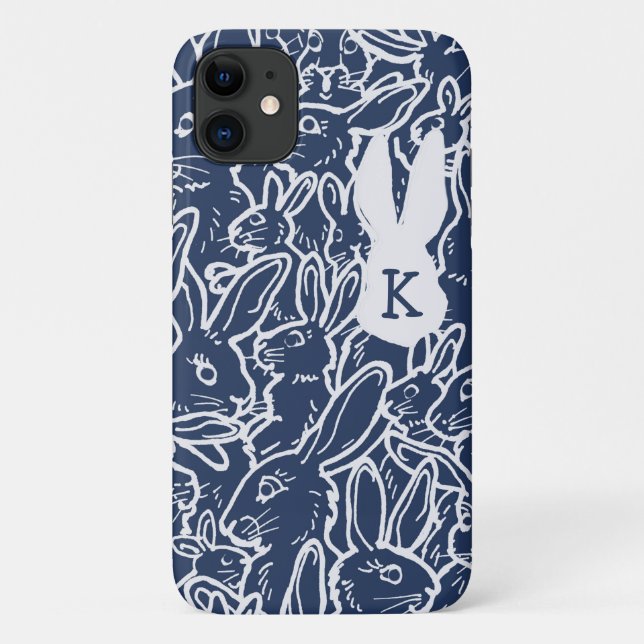 Coques Case-Mate iPhone Bleu de la marine lapin Dessin Monogramme moderne  (Dos)