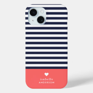 Coque Pour iPhone 15 Bleu de marine et corail Chic rayures Coeur Monogr