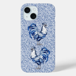 Coque Pour iPhone 15 Bleu Delft Et Poulet Blanc Rooster