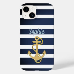 Coque Pour iPhone 14 Bleu et Ancre or Nautique