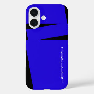 Coques iPhone 16 Bleu et noir sur bande, Nom personnalisé/Blanc