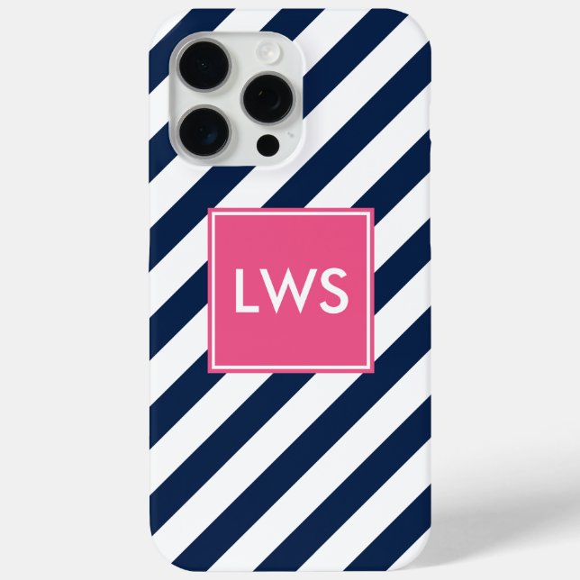Coques Case-Mate iPhone Bleu et rose Diagonal Stripes Monogramme (Verso)