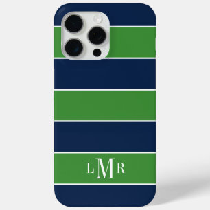 Coque iPhone 15 Pro Max Bleu et vert Rugby Stripes 3 lettres Monogramme