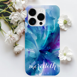 Coque Pour iPhone 14 Pro Bleu et violet joli, gracieux et Abstrait floral