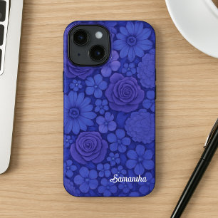 Coque Pour iPhone 14 Bleu floral élégant Botanique