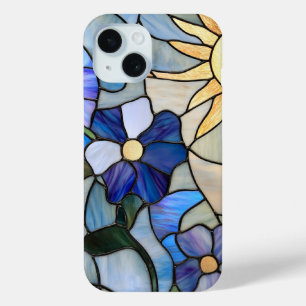 Coque Pour iPhone 15 Bleu Floral Verre verni Sun Art pour Amoureux des
