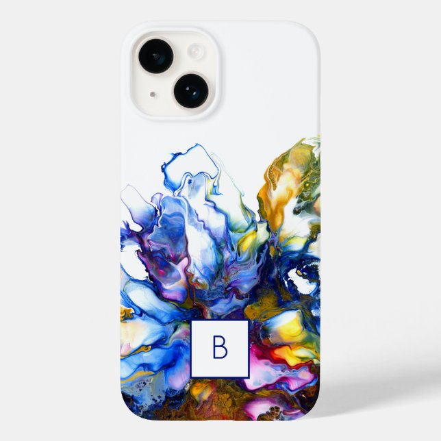 Coques Case-Mate iPhone Bleu foncé Abstrait Fluid Art Monogrammé Coque-Mat (Verso)