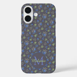 Coque Pour iPhone 16 Bleu foncé Joli motif floral Personnalisé