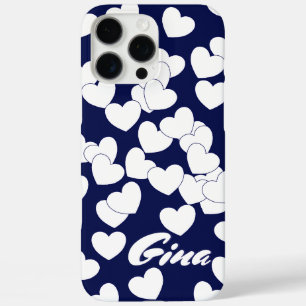 Coques iPhone 16 Pro Max Bleu foncé, Modèle de nom personnalisé, Coeurs bla