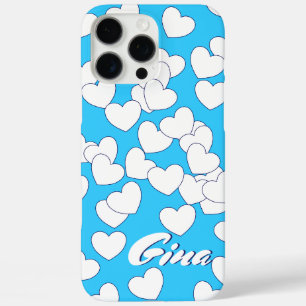 Coques iPhone 16 Pro Max Bleu frappant, modèle de nom personnalisé, cœurs a