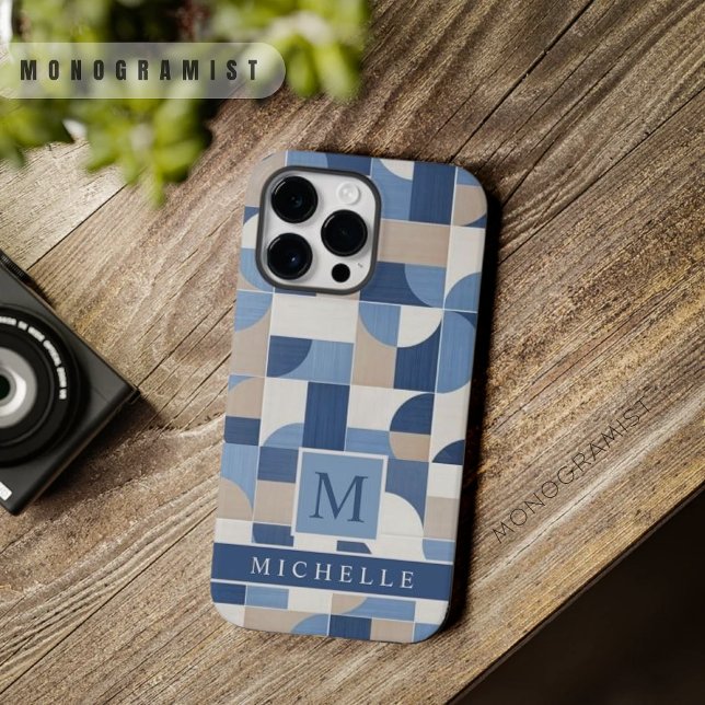 Coques Case-Mate iPhone Bleu gris Tan Beige Géométrique personnalisable (Customizable Blue Grey Tan Beige Geometric Case-Mate iPhone Case)