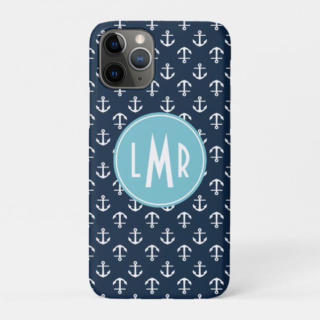 Coques Case-Mate iPhone Bleu marine et motif d'Ancres de monogramme d'Aqua (Dos)
