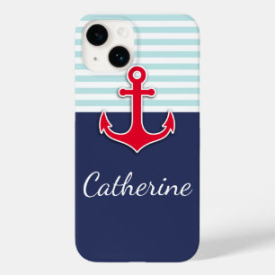 Coque Pour iPhone 14 Bleu Marine Nautique Rouge Ancre Design Coque-M