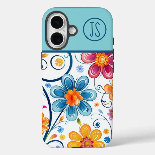 Coques Case-Mate iPhone Bleu Mod, Rose, Fleurs Jaunes Monogrammes (Verso)