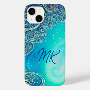 Coque Pour iPhone 14 Bleu monogramme et art Abstrait Turquoise