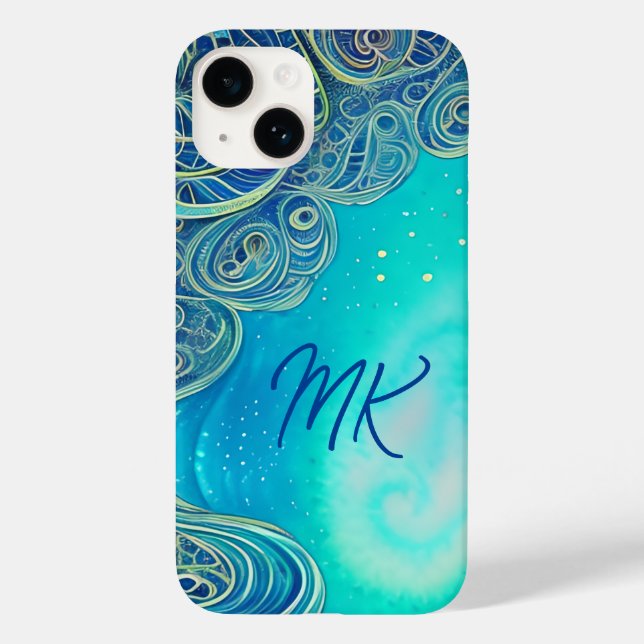 Coques Case-Mate iPhone Bleu monogramme et art Abstrait Turquoise (Verso)