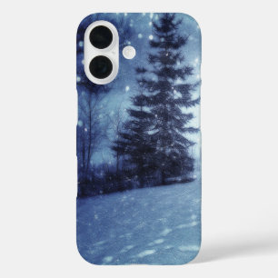 Coque Pour iPhone 16 Bleu Moonlit Forêt magique Scène d'hiver
