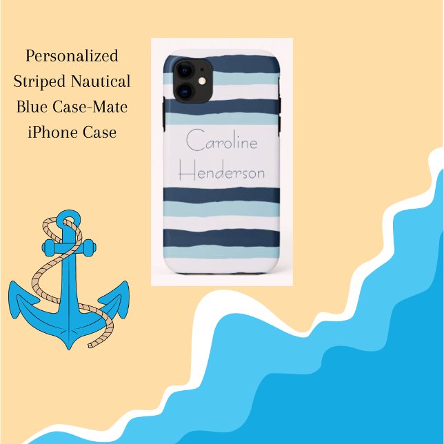 Coques Case-Mate iPhone Bleu nautique rayé personnalisé (Personalized Striped Nautical Blue Case-Mate iPhone Case)