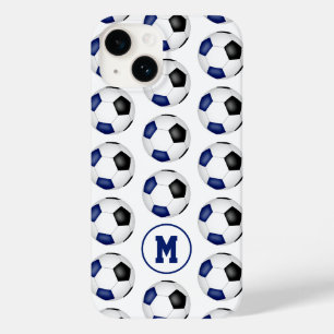 Coque Pour iPhone 14 bleu noir balle de football motif monogrammed