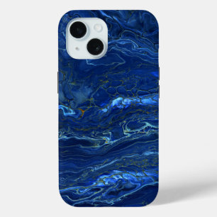 Coque Pour iPhone 15 Bleu Nuit & Marbre Faux Or Abstraction Acrylique