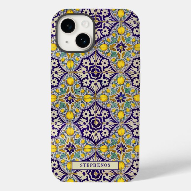 Coques Case-Mate iPhone Bleu personnalisé Motif méditerranéen Fleurs jaune (Verso)