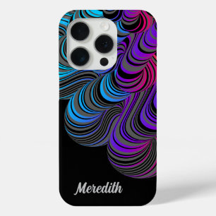 Coque iPhone 15 Pro Bleu personnalisé, violet, rose sur noir