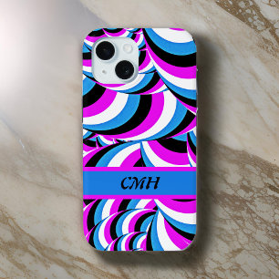 Coque Pour iPhone 15 Bleu pourpre Tubulaire tournoie Geo avec Initiales