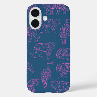 Coque Pour iPhone 16 Bleu profond avec tigres roses