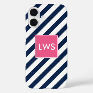 Coque Pour iPhone 16 Bleu rose diagonale rayures Monogramme