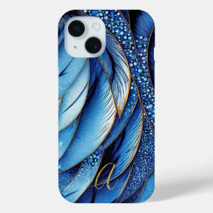Coque Pour iPhone 15 Bleu Saphir Vibrant Or Plumes Monogrammées