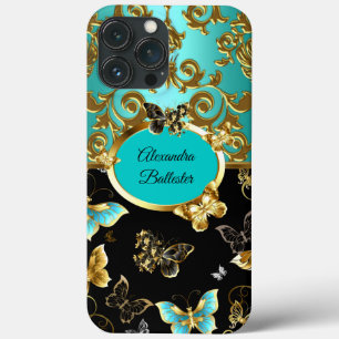 Case-Mate iPhone Case Bleu sarcelle élégant damas floral papillon or