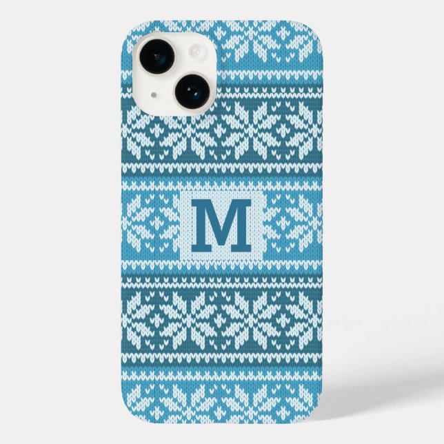 Coques Case-Mate iPhone Bleu Snowflake Faux Knit Sweat Motif Monogram (Verso)