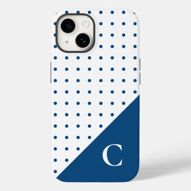 Coques Case-Mate iPhone Bleu sur blanc Polka Motif Monogramme (Verso)