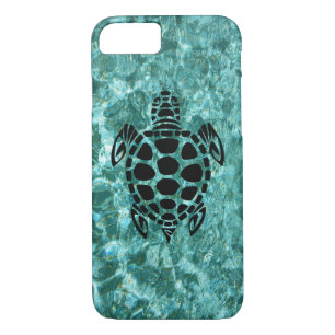 Coques Pour iPhone Bleu tribal fait sur commande d'Aqua de tortue de