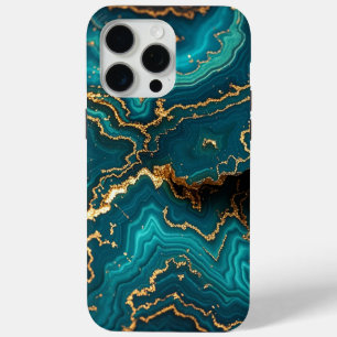 Coque iPhone 15 Pro Max Bleu Turquoise foncé Turquoise Faux Or Agate dur