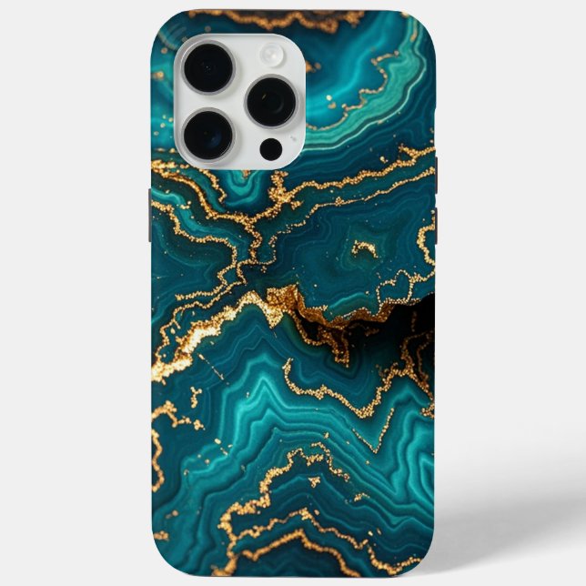 Coques Case-Mate iPhone Bleu Turquoise foncé Turquoise Faux Or Agate dur (Verso)