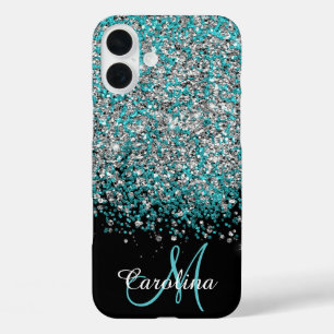 Coques iPhone 16 Plus Bleu, Turquoise, Parties scintillant, Nom et Monog
