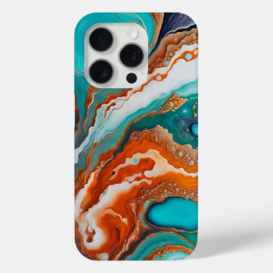 Coque iPhone 15 Pro bleu turquoise, rouille et or peinture abstrait