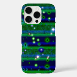 iPhone 16 Pro Case Bleu vert rayures avec étoiles et Raindrops