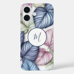 Coque Pour iPhone 16 Bleu Vert Tropical Feuille Motif Monogramme