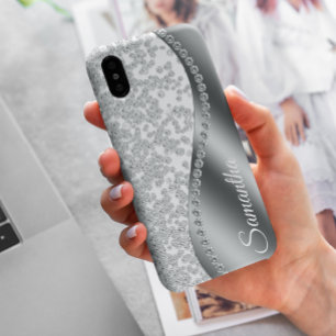 Case-Mate iPhone Case Bling en Métal Argenté Monogramme Simulé Diamant