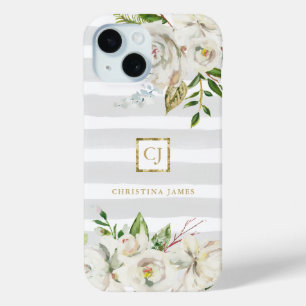 Coque Pour iPhone 15 Blooms dorés   Gris rayures Florales Monogramme
