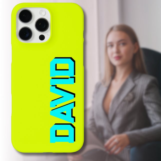 Coques Case-Mate iPhone Blue 3D Black Modern Name | Funny Neon Chartreuse (Créateur téléchargé)